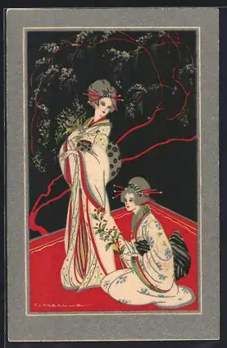 Künstler-AK Tito Corbella: Mädchen in asiatischer Mode, Kimono
