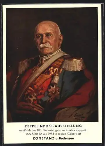 AK Konstanz, Zeppelinpost-Ausstellung anlässlich des 100. Geburtstages des Grafen Zeppelin, Juli 1938