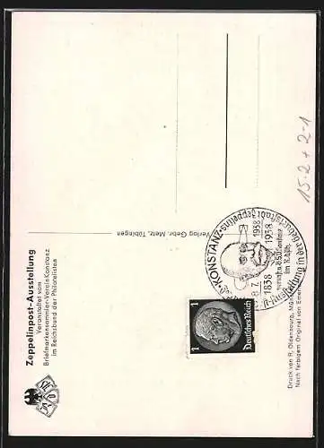 AK Konstanz, Zeppelinpost-Ausstellung anlässlich des 100. Geburtstages des Grafen Zeppelin, Juli 1938