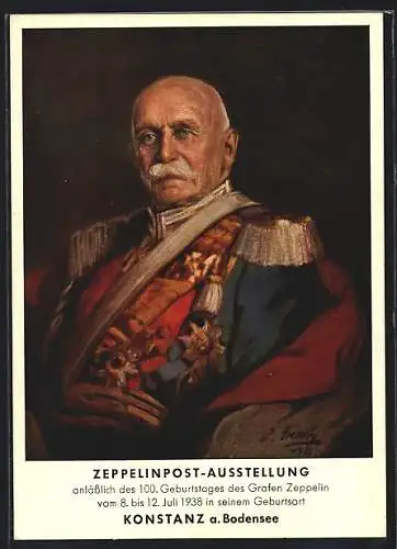 AK Konstanz, Zeppelinpost-Ausstellung anlässlich des 100. Geburtstages des Grafen Zeppelin, Juli 1938