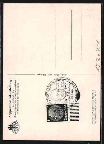 AK Konstanz, Zeppelinpost-Ausstellung anlässlich des 100. Geburtstages des Grafen Zeppelin, Juli 1938