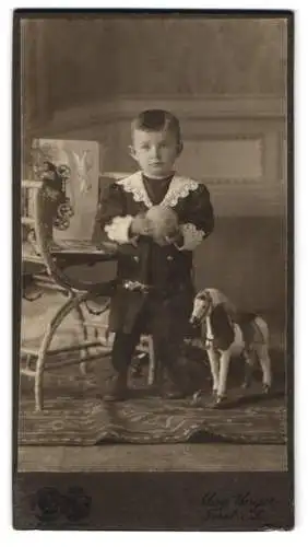Fotografie Max Unger, Forst i. L., junger Knabe mit Spielzeug Pferd und Ball