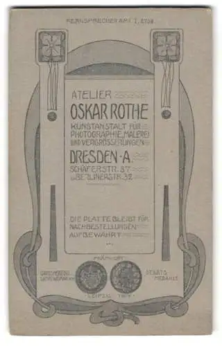 Fotografie Oskar Rothe, Dresden, Anschriftes der Ateliers in Jugendstil Umrandung