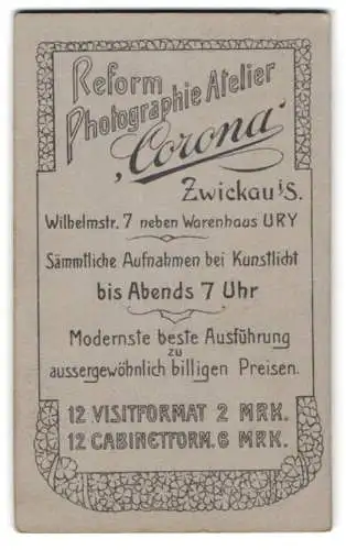 Fotografie Corona, Zwickau, Anschriften der Atelier Filialen sowie die Dienstleistungen