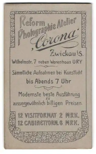 Fotografie Corona, Zwickau, Anschriften des Atelier sowie die Dienstleistungen des Fotografen