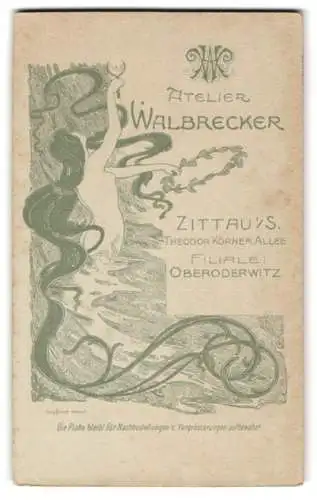 Fotografie Walbrecker, Zittau i. S., Theodor-Körner Allee, nackte Frau entspringt den Fluten, Jugendstil, Monogramm