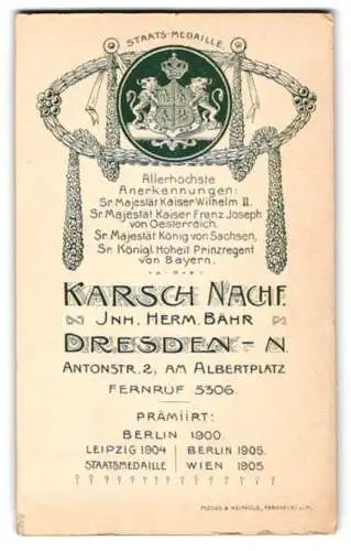 Fotografie Karsch Nachf., Dresden, Antonstr. 2, Wappen / Staats-Medaille mit Jugendstil Verzierung über Anschrift