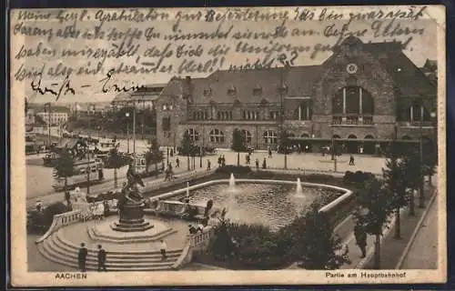 AK Aachen, Partie am Hauptbahnhof, Strassenbahn, Denkmal