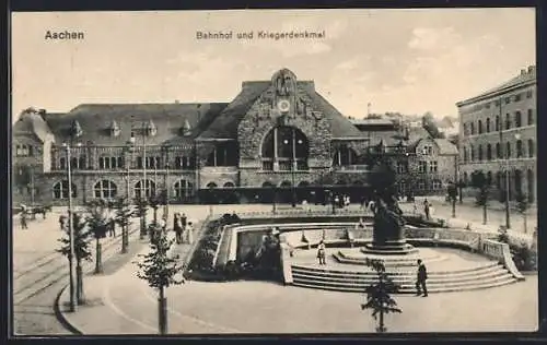 AK Aachen, Platz vor dem Bahnhof, Kriegerdenkmal