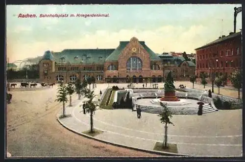 AK Aachen, Bahnhofsplatz mit Kriegerdenkmal