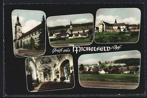 AK Michelfeld /Opf., Innen- und Aussenansicht der Kirche und Blick auf den Ort