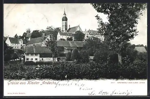 AK Andechs, Blick auf Häuserpartien und Kloster Andechs