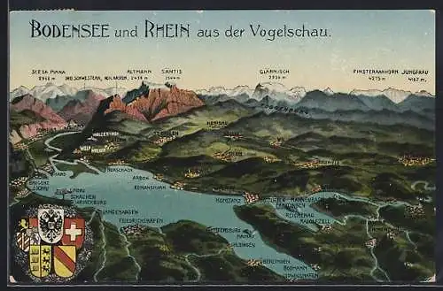 Künstler-AK Konstanz, Bodensee und Rhein aus der Vogelschau mit Wappen