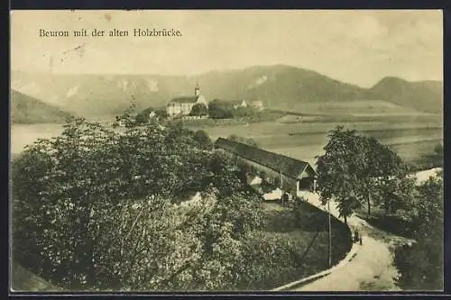 AK Beuron, Ortsansicht mit der alten Holzbrücke