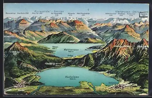 AK Kochel, Panorama mit Walchensee und Gebirge