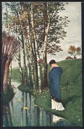 Künstler-AK Arnold Böcklin: Verträumte Frau am Flussufer