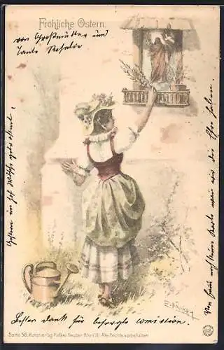 Künstler-AK E. Döcker: Frau an einer Kapelle, Ostergruss