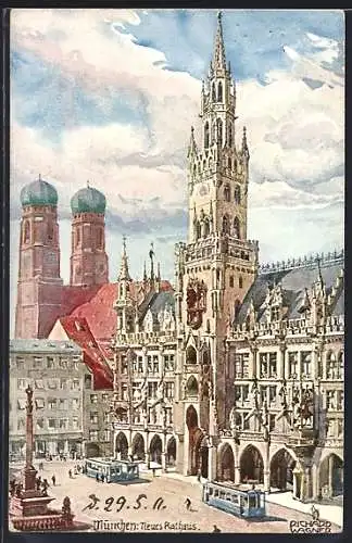 Künstler-AK Richard Wagner: München, Neues Rathaus am Marienplatz mit Strassenbahnen, Frauenkirche