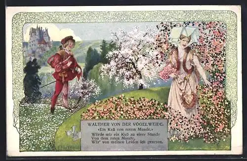 Künstler-AK T.Welzl: Walther von der Vogelweide, Ein Kuss von rotem Munde