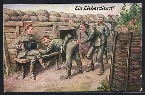 Künstler-AK Ad.Hoffmann: Soldat näht Hose seines Kameraden am Hintern, während er sie noch trägt