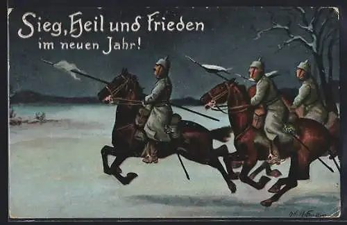 Künstler-AK Ad. Hoffmann: Soldaten zu Pferde nachts im Schnee, Neujahrsgruss