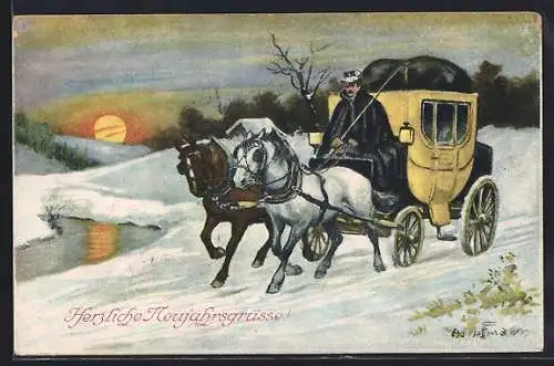 Künstler-AK Ad. Hoffmann: Postkutsche im Schnee bei Sonnenuntergang, Neujahrsgruss