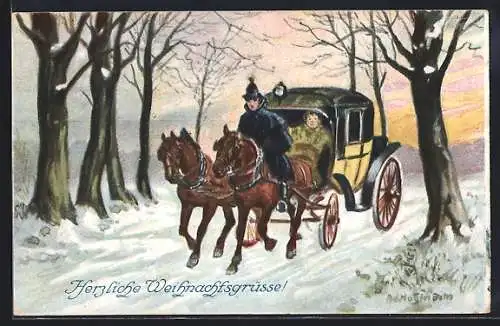 Künstler-AK Ad. Hoffmann: Postkutsche auf einer Strasse im Winter, Weihnachtsgruss