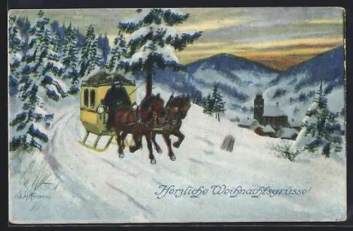 Künstler-AK Ad. Hoffmann: Postkutsche auf einer Bergstrasse im Winter, Weihnachtsgruss