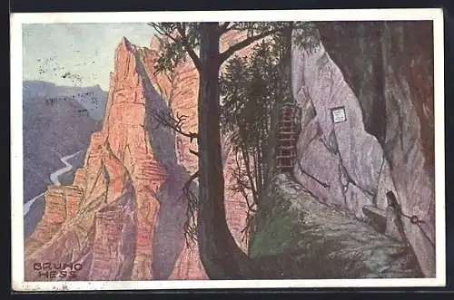 Künstler-AK Bruno Hess: Wasserfallweg, Emesruhe mit Talblick