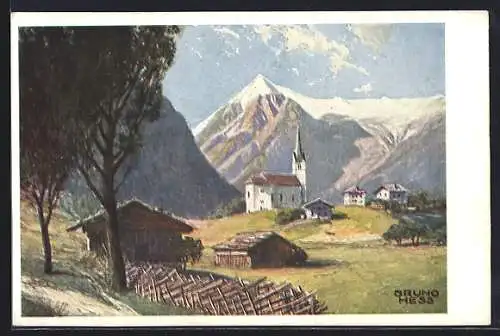 Künstler-AK Bruno Hess: Kaprun bei Zell, Ortspartie mit Kirche gegen das Rigstenhorn