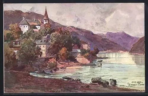 Künstler-AK Fritz Lach: St. Nikola a. Donau, Blick zum Ort