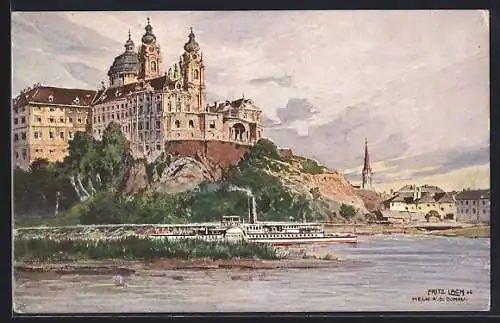 Künstler-AK Melk a.d. Donau, Ortsansicht, Dampfer Wachau