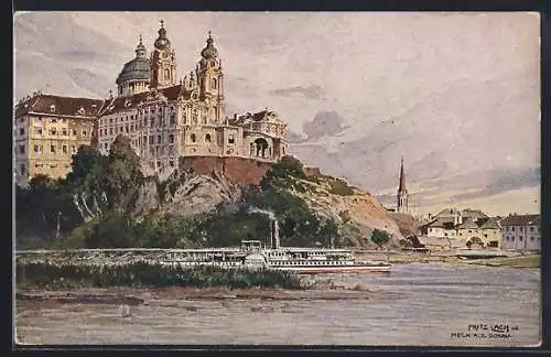 Künstler-AK Melk a.d. Donau, Ortsansicht, Dampfer Wachau