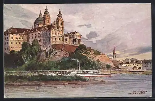 Künstler-AK Melk a.d. Donau, Ortsansicht, Dampfer Wachau