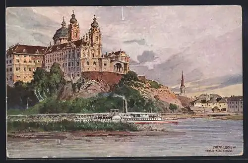 Künstler-AK Melk a.d. Donau, Ortsansicht, Dampfer Wachau