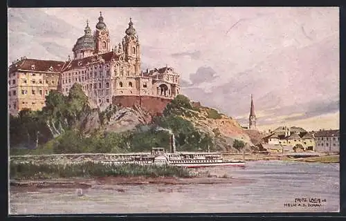 Künstler-AK Melk a.d. Donau, Ortsansicht, Dampfer Wachau