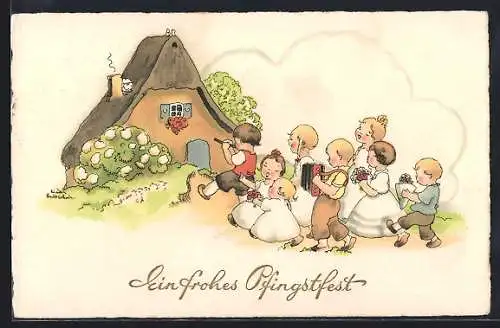 Künstler-AK Liesel Lauterborn: Musizierende Kinder an einem Haus, Pfingstgruss