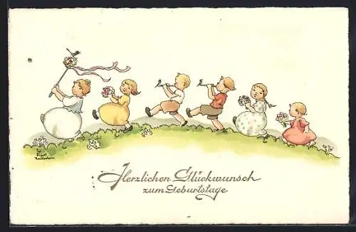 Künstler-AK Liesel Lauterborn: Kinder bei einem Umzug, Geburtstagsgruss