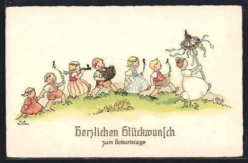 Künstler-AK Liesel Lauterborn: Kinder bei einem Umzug, Geburtstagsgruss