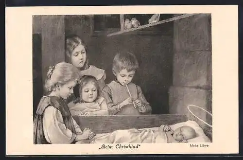 Künstler-AK Meta Löwe: Beim Christkind, Kinder betrachten den Säugling in der Krippe
