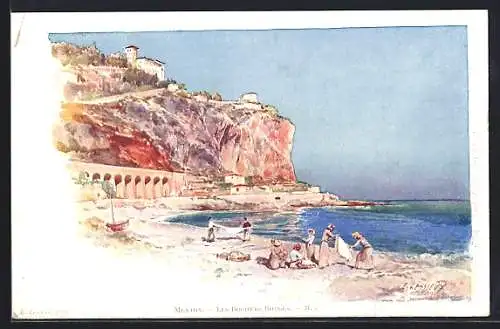 Künstler-AK Ernest Lessieux: Menton, Les Rochers Rouges