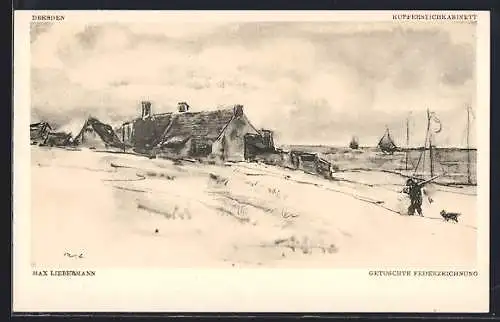 Künstler-AK Max Liebermann: Dresden, Kupferstichkabinett, Landschaft und Fischer mit Hund