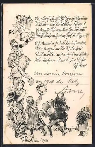 Künstler-AK Franz Skarbina: Kinder winken mit Mützen und Blumen, Gedicht und Graf Zeppelin Portrait