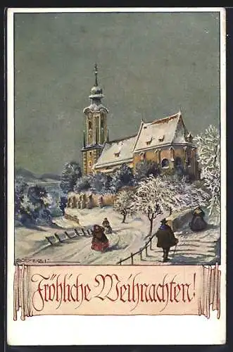 Künstler-AK T. Welzl: Kirche im Schnee, Fröhliche Weihnachten