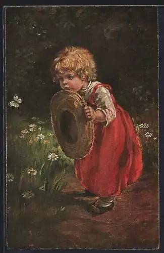 Künstler-AK K. Barth: Kind mit Strohhut jagt einen Schmetterling