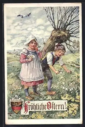 Künstler-AK Hans Kaufmann: Fröhliche Ostern!, Kinder pflücken Blumen