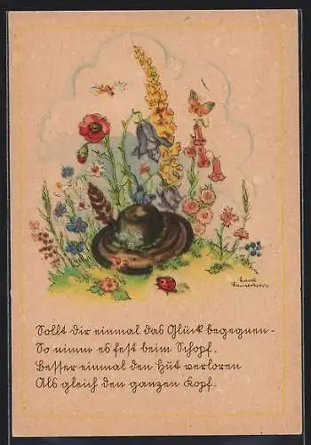 Künstler-AK sign. Liesel Lauterborn: Hut mit Feder inmitten bunter Blumen, Gedicht