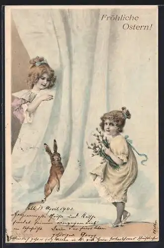 Künstler-AK Wichera: Mädchen und Osterhase zwischen den Falten eines Vorhanges