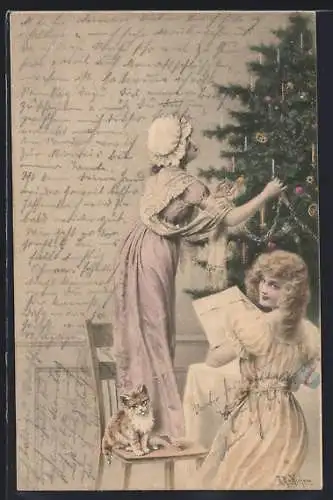 Künstler-AK Wichera, M. Munk Nr. 118: Frauen schmücken den Weihnachtsbaum
