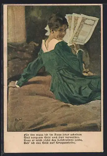 Künstler-AK Brynolf Wennerberg: Junge Frau kauft Kriegsanleihe